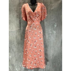 DKNY Women's Coral Floral Surplice V-Neck Puff Sleeve Faux-Wrap Midi Dress SZ 16